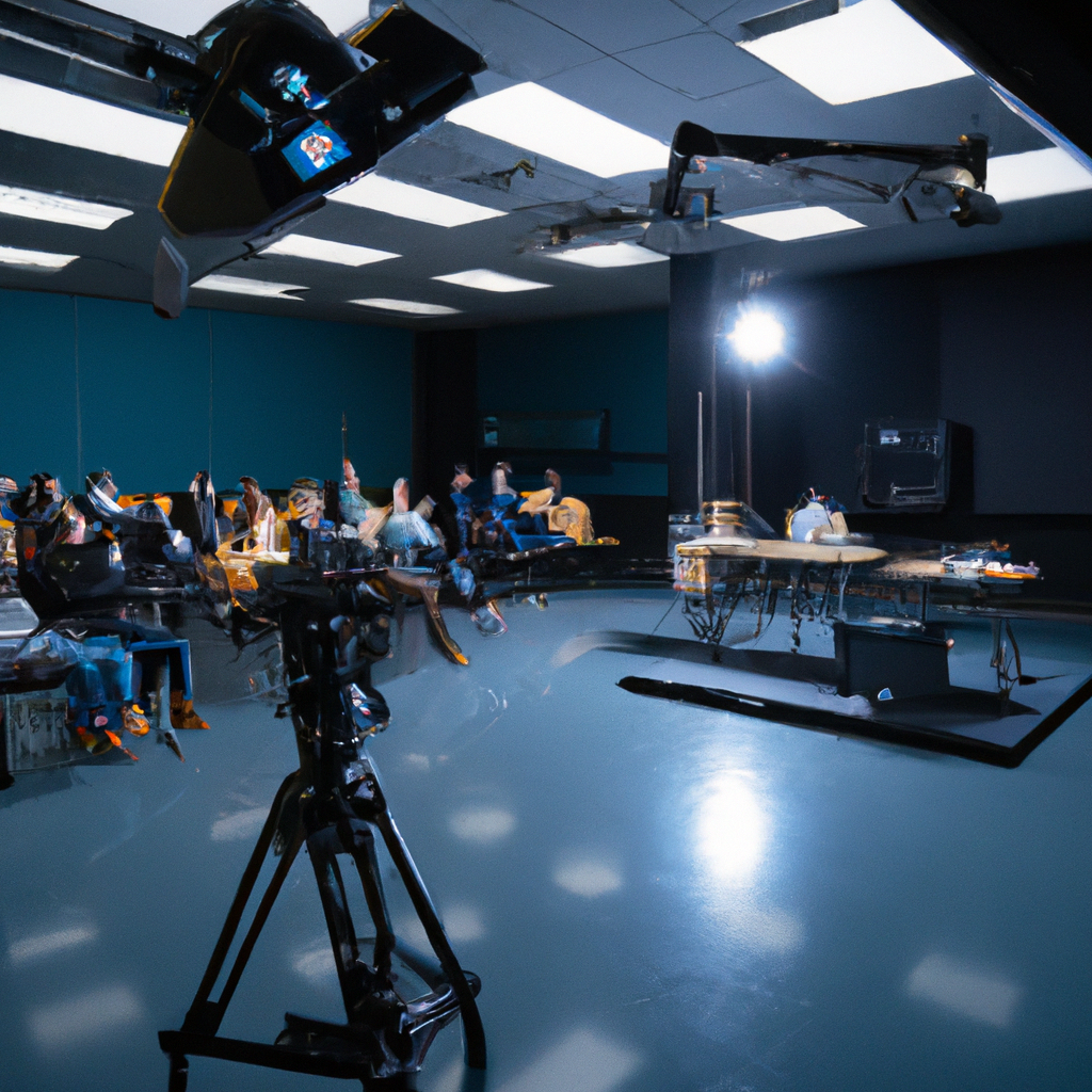 Aula híbrida con cámaras y pantalla grande para participantes remotos