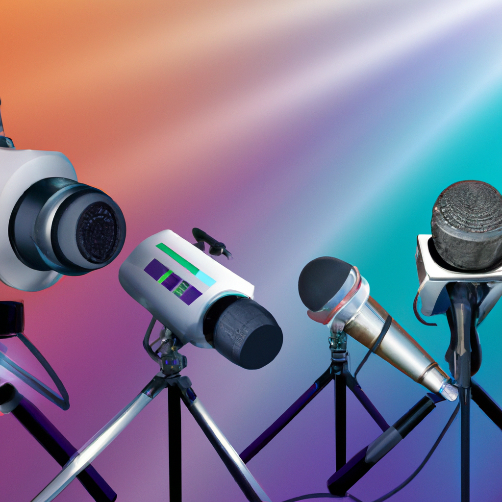 Micrófonos y cámaras representando medios y PR en un banner moderno