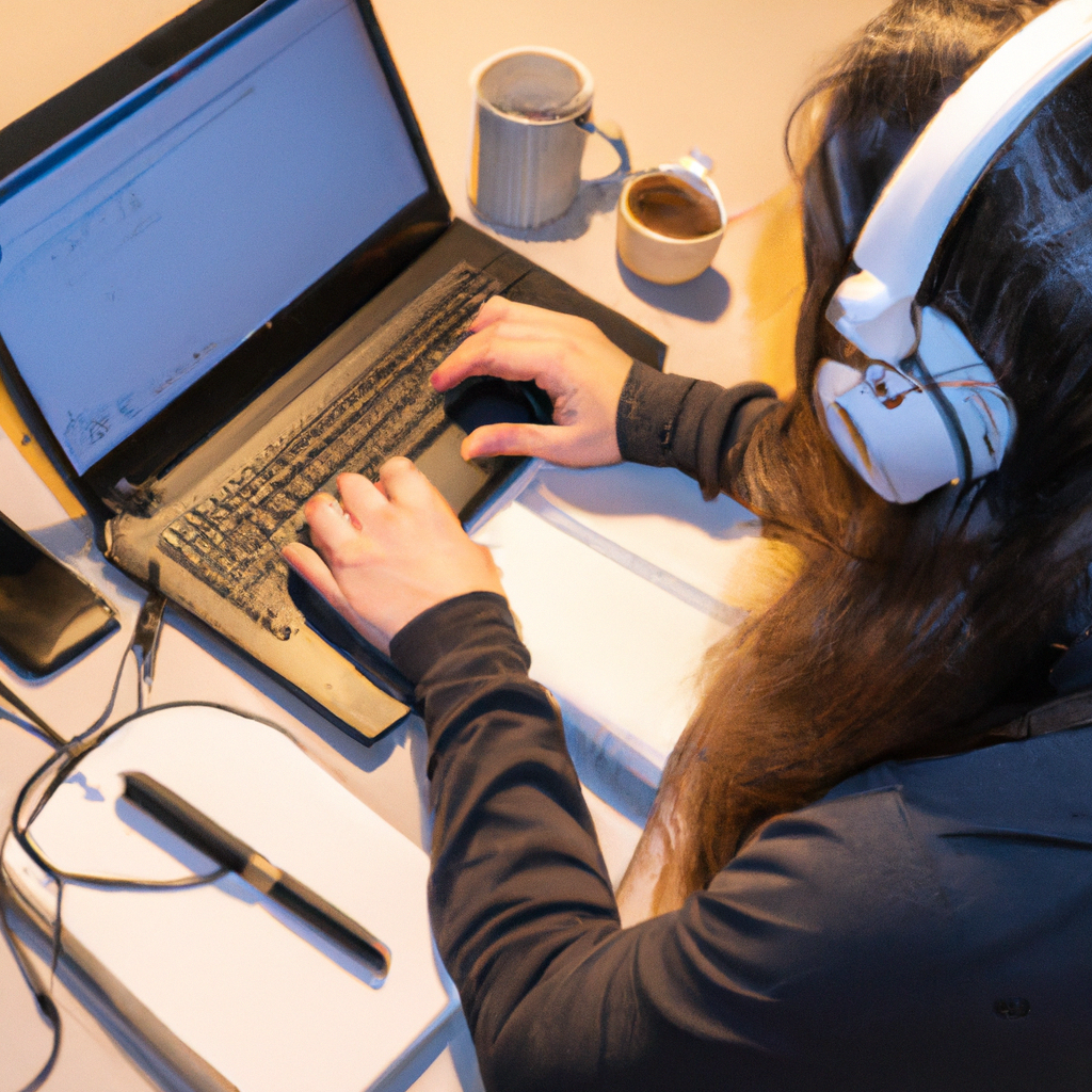 Estudiante cursando online desde casa con auriculares